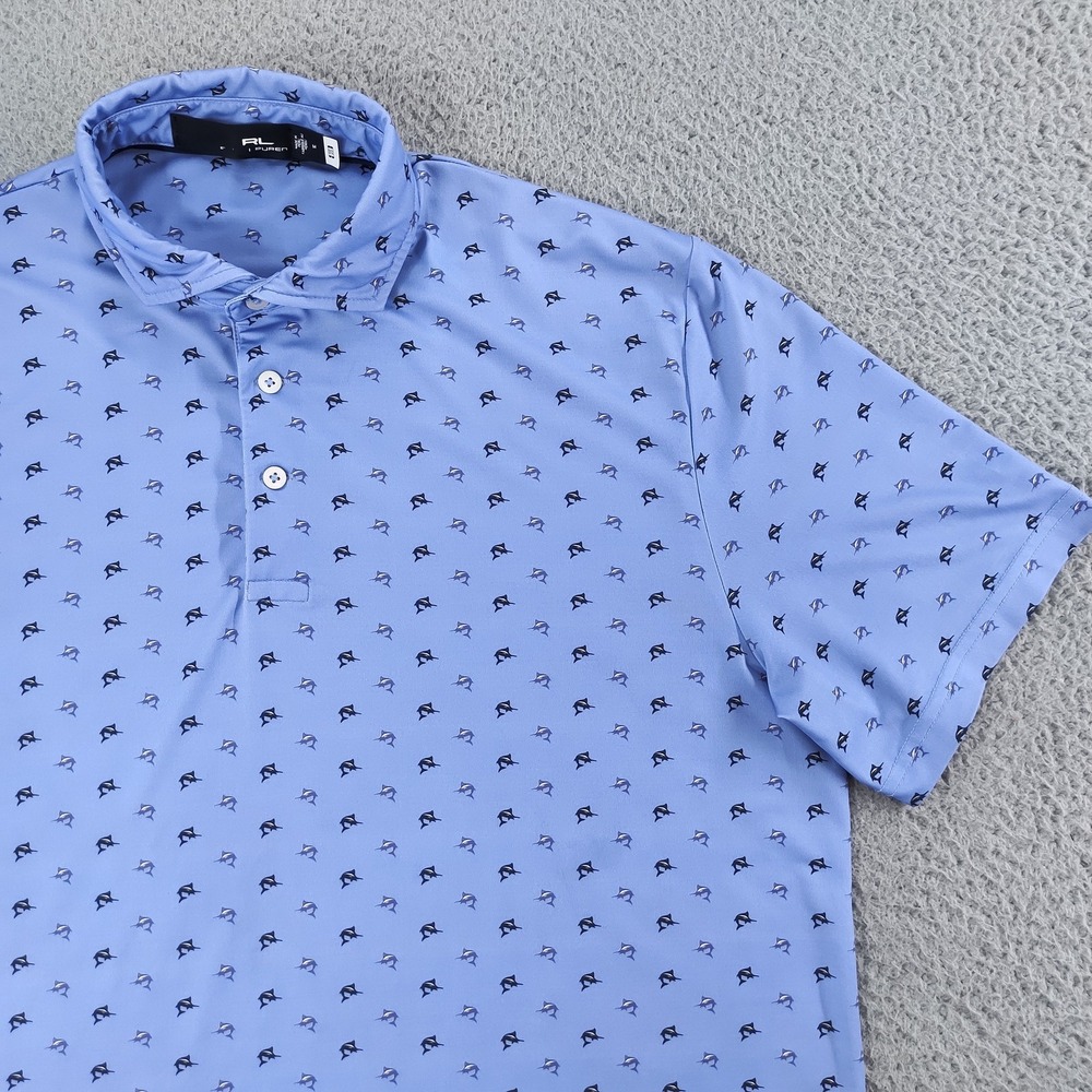 RLX Ralph Lauren Polo Shirt Mens Medium Blue Marlin Fish Print Golf Stretch